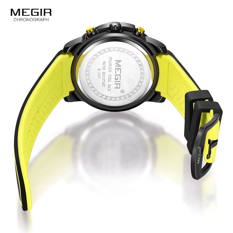 Men Sports Quartz Watch Yellow Chronograph with Black Silicone Strap Luminous Hands Waterproof 3 ATM Code 2097