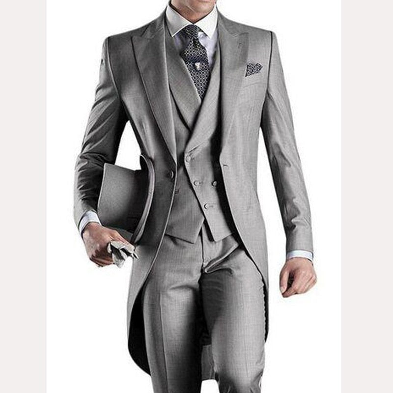 New Gray Wedding Men Tail Coat 3 Piece Groom Tuxedo for Formal Prom Male Suits Fashion Set Jacket with Pants Vest Gray, XS (EU44 or US34)