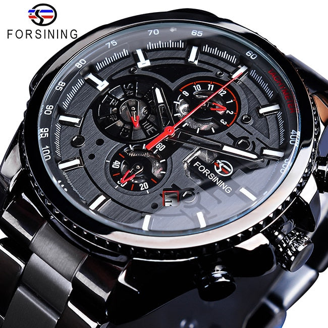 New Men Forsining Three Dial Calendar Watch Stainless Steel Men Mechanical Automatic Wrist Watches Top Brand Luxury Military Sport Male Clock