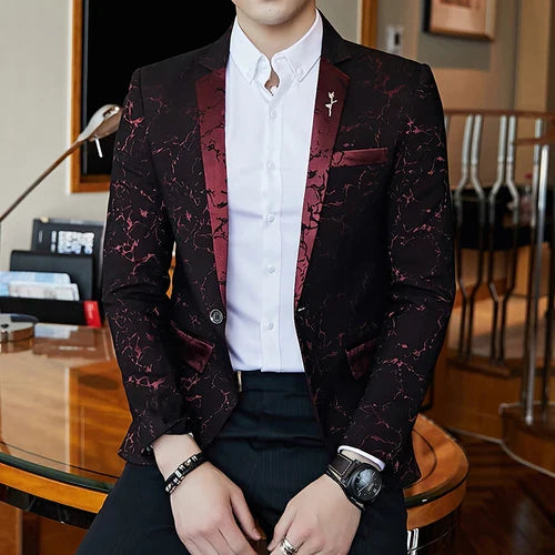 Luxury Banquet Party Jacket Evening Dress Jacquard Casual Business Slim Men's Wedding Jacket Red wine, Asian Size S