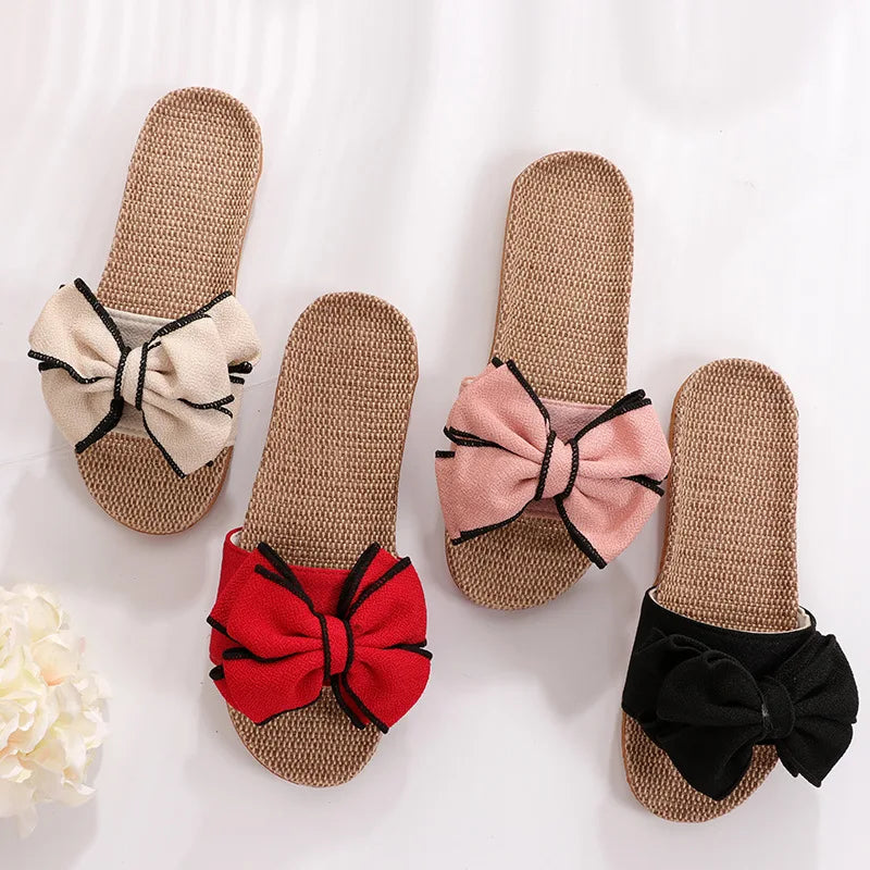 New Casual Sneakers For Home Slippers Summer Bow-knot Soft Floor Woman Indoor Flats Shoes Cute Linen Slipper Terlik