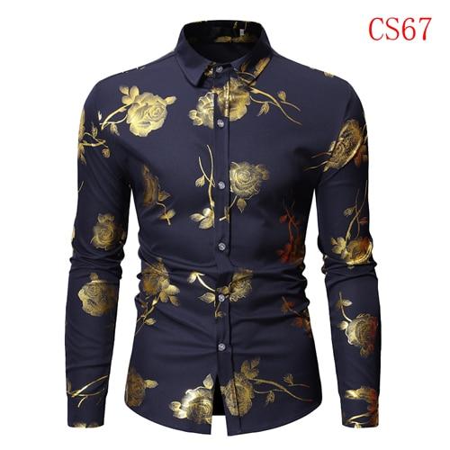 Men Gold Rose Floral Print Dress Shirt Brand Floral Steampunk Chemise White Long Sleeve Wedding Party Bronzing Camisa Masculina CS67 Navy, USA Size S