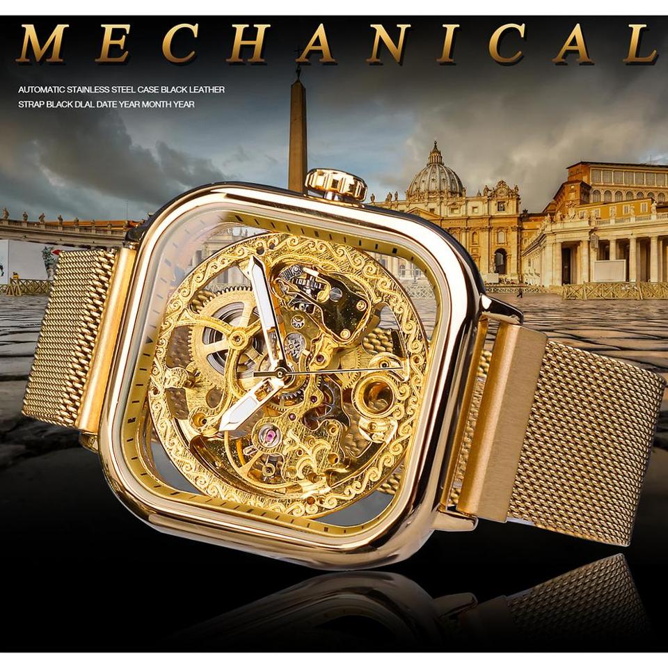 New Men Forsining Golden Automatic Watch Square Skeleton Mesh Steel Band Mechanical Business Clock Relogio Masculino Erkek Kol Saati