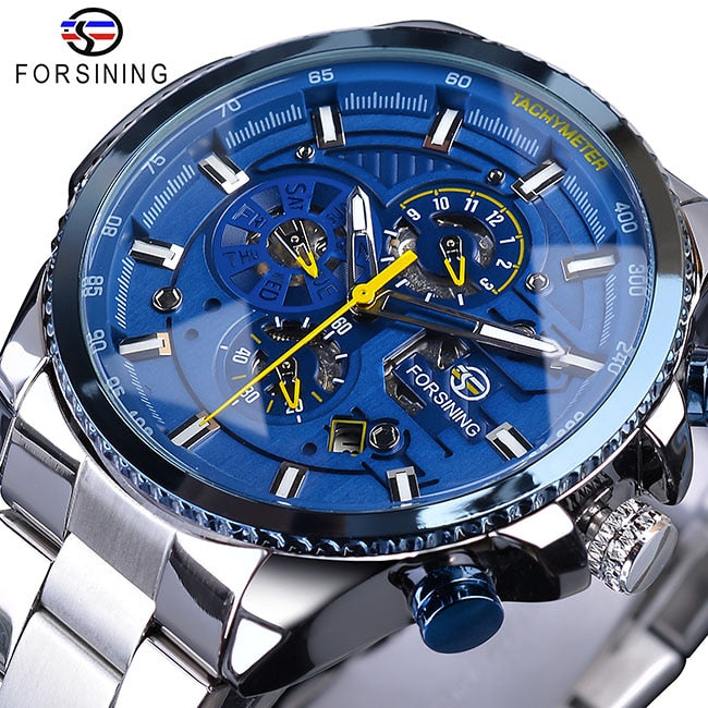 New Men Forsining Three Dial Calendar Watch Stainless Steel Men Mechanical Automatic Wrist Watches Top Brand Luxury Military Sport Male Clock