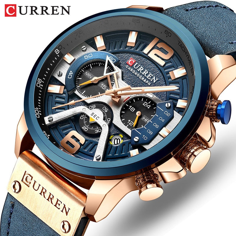 Men Watches Top Brand Luxury Blue Leather Chronograph Sport Watch For Men Fashion Date Waterproof Clock Reloj Hombre