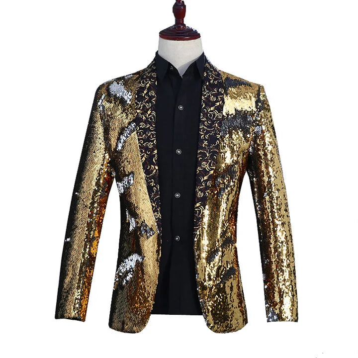 New Luxury Royal Blue Sequin Dress Blazer Men Nightclub Stage Shawl Collar Mens Suit Jacket Floral Collar Gold, Asian L