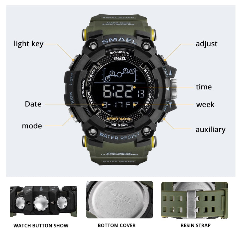 New Men Watch Military Waterproof Sport WristWatch Digital Stopwatches For Men 1802 Military Electronic Watches Male Clock