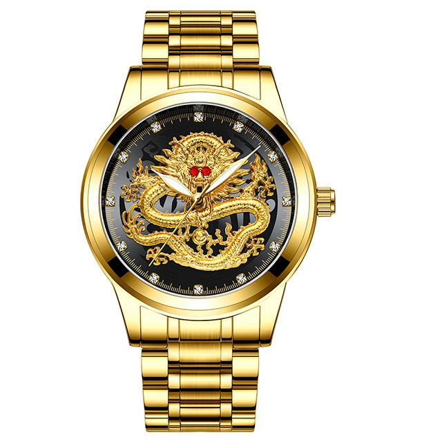 Luxury Embossed Gold Dragon Watch Men Full Steel Waterproof Watch Men Diamond Ruby Fashion Casual Japan Quartz Clock Black