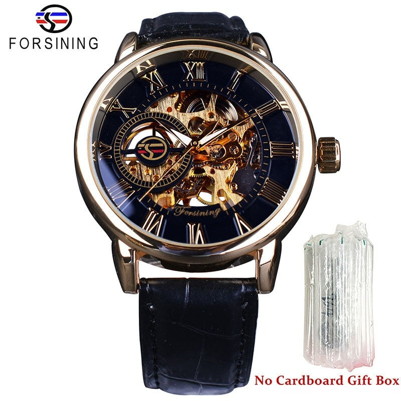 New Men Forsining Black Gold Watch 3d Logo Design Hollow Engraving Black Gold Case Leather Skeleton Mechanical Watches Men Luxury Brand Heren Horloge