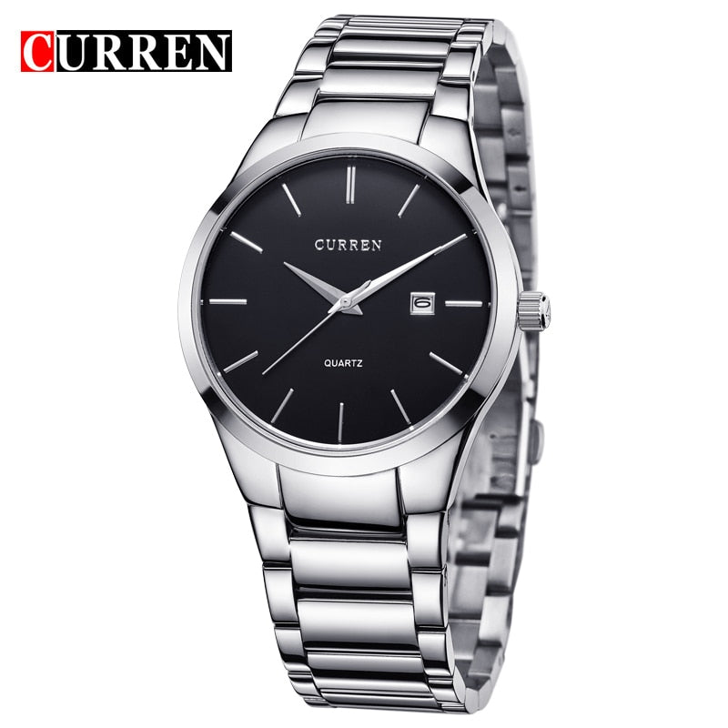 Luxury Classic Fashion Business Men Watches Display Date Quartz Watch Wristwatch Stainless Steel Male Clock Reloj Hombre silver black