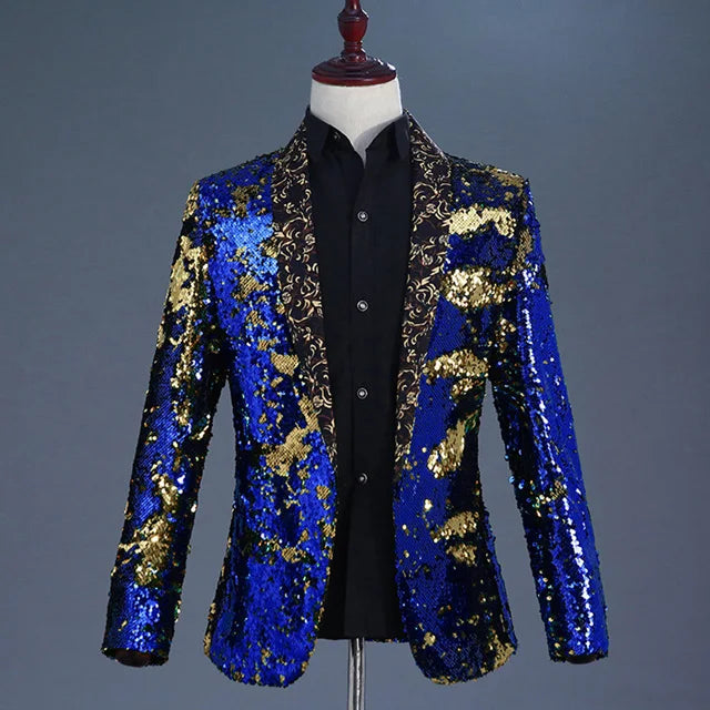 New Luxury Royal Blue Sequin Dress Blazer Men Nightclub Stage Shawl Collar Mens Suit Jacket Floral Collar Blue, Asian L