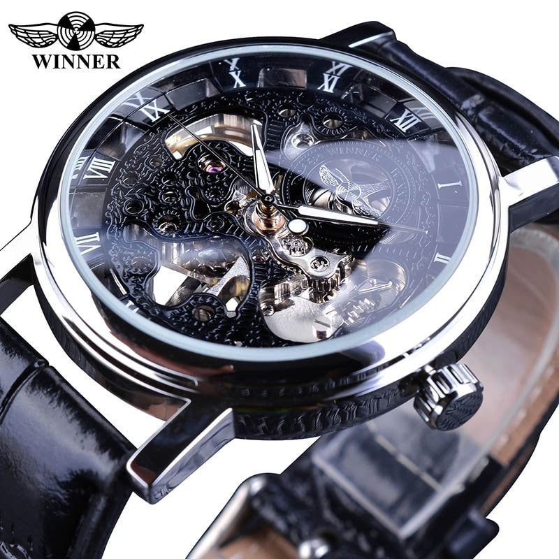 New Men Winner Transparent Golden Watch Luxury Casual Design Brown Leather Strap Mens Watches Top Brand Luxury Mechanical Skeleton Watch