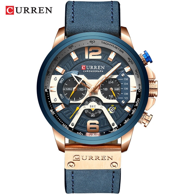 Men Watches Top Brand Luxury Blue Leather Chronograph Sport Watch For Men Fashion Date Waterproof Clock Reloj Hombre