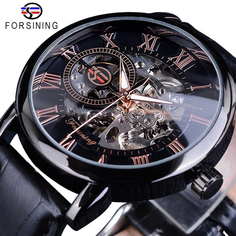 New Men Forsining Black Gold Watch 3d Logo Design Hollow Engraving Black Gold Case Leather Skeleton Mechanical Watches Men Luxury Brand Heren Horloge