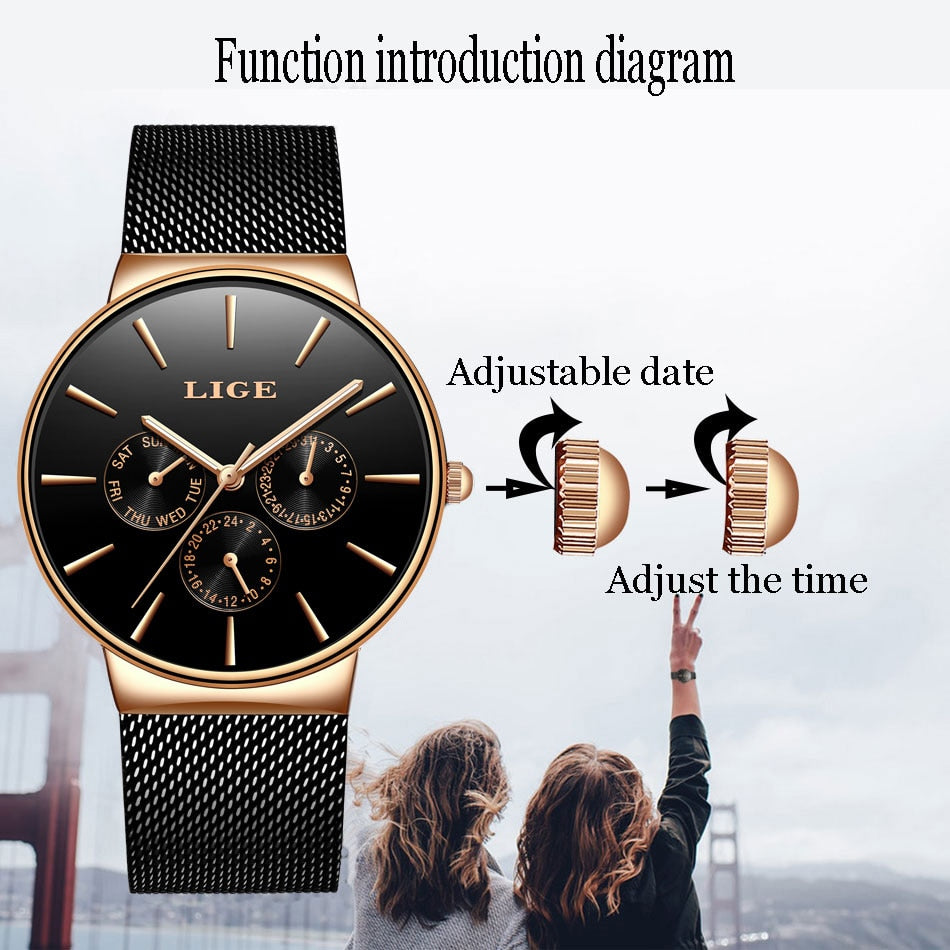 Classic Women Rose Gold Top Brand Luxury Ladies Dress Business Fashion Casual Waterproof Watches Quartz Calendar Wristwatch