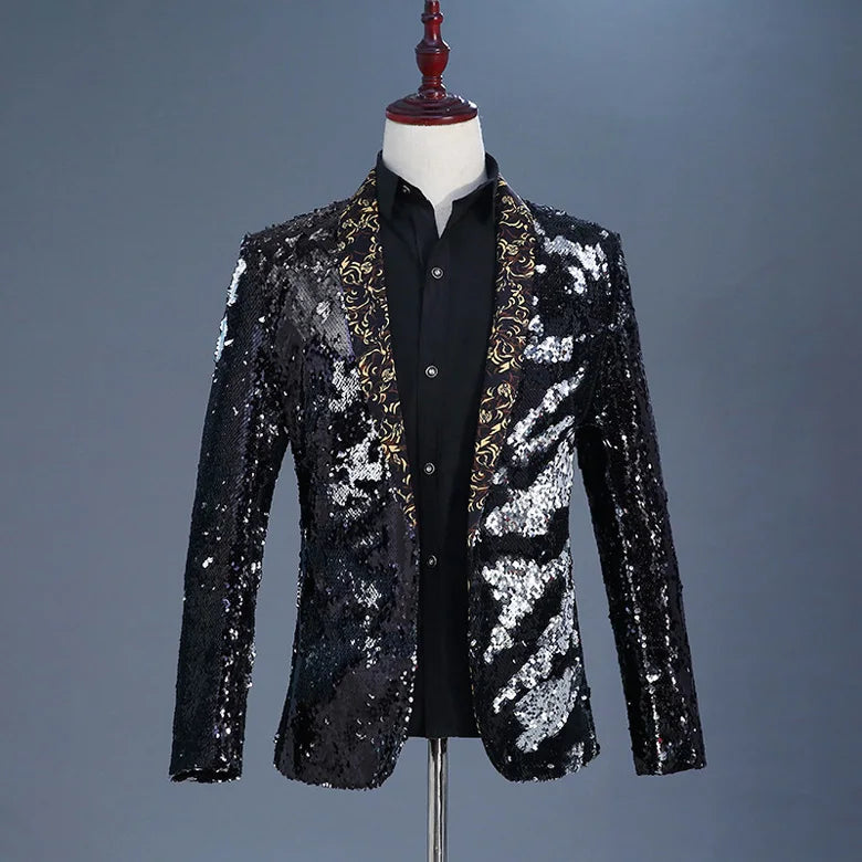 New Luxury Royal Blue Sequin Dress Blazer Men Nightclub Stage Shawl Collar Mens Suit Jacket Floral Collar Black, Asian L