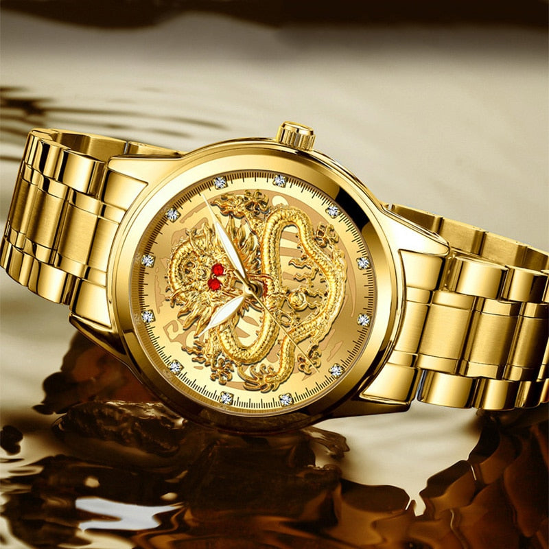 Luxury Embossed Gold Dragon Watch Men Full Steel Waterproof Watch Men Diamond Ruby Fashion Casual Japan Quartz Clock