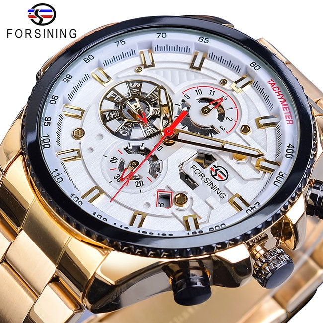 New Men Forsining Three Dial Calendar Watch Stainless Steel Men Mechanical Automatic Wrist Watches Top Brand Luxury Military Sport Male Clock