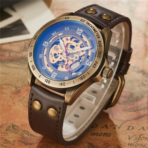 New Men Retro Automatic Mechanical Watch Skeleton Steampunk Genuine Leather Band Mens Self Winding Wrist Watches Men