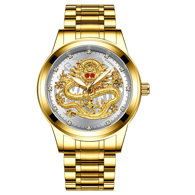 Luxury Embossed Gold Dragon Watch Men Full Steel Waterproof Watch Men Diamond Ruby Fashion Casual Japan Quartz Clock Silver