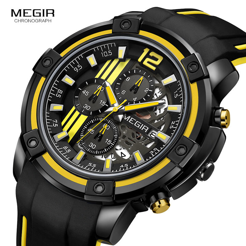 Men Sports Quartz Watch Yellow Chronograph with Black Silicone Strap Luminous Hands Waterproof 3 ATM Code 2097