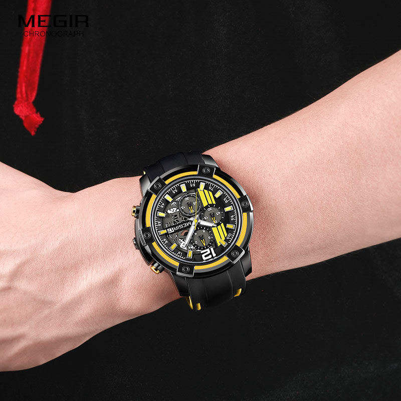 Men Sports Quartz Watch Yellow Chronograph with Black Silicone Strap Luminous Hands Waterproof 3 ATM Code 2097