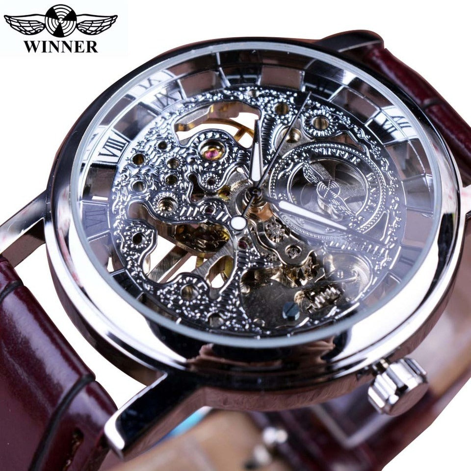 New Men Winner Transparent Golden Watch Luxury Casual Design Brown Leather Strap Mens Watches Top Brand Luxury Mechanical Skeleton Watch