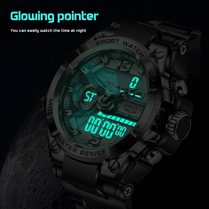 LIGE Men Military Watch Top Brand 50m Waterproof Wristwatch LED Alarm Clock Sport Watch Male relogios masculino Sport Watch Men