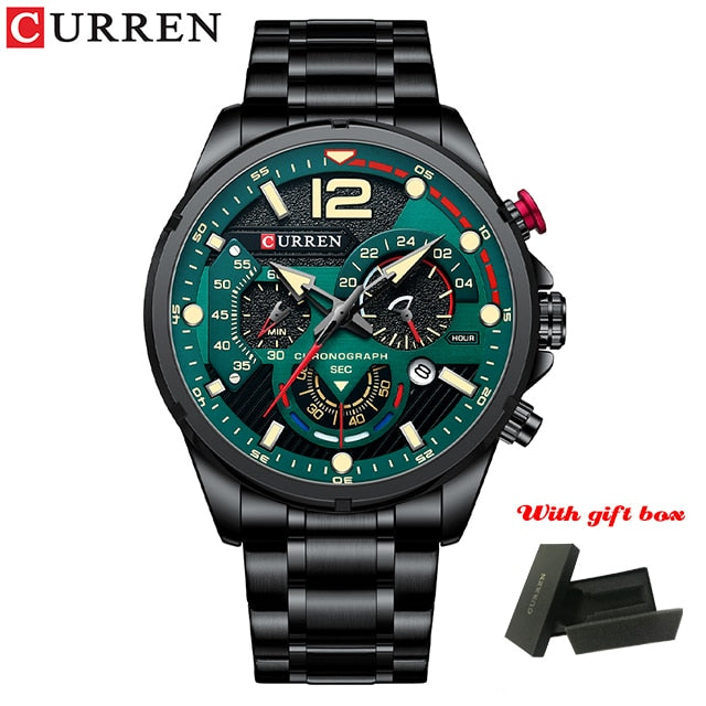 Casual Business Chronograph Waterproof Stainless Steel Watch Mens New Luxury Fashion Quartz Men Watches black green box