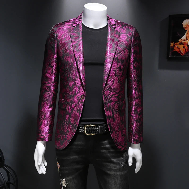 New Men Blazer Homme Stage Outfit Performance Metal Gold Yarn Smart Casual Fuchsia, Asia 6XL