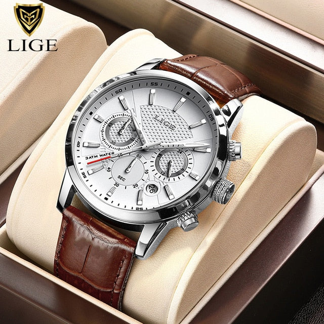 New Mens Watches LIGE Top Brand Luxury Leather Casual Quartz Watch Men Sport Waterproof Clock Watch Relogio Masculino+Box Silver white 1