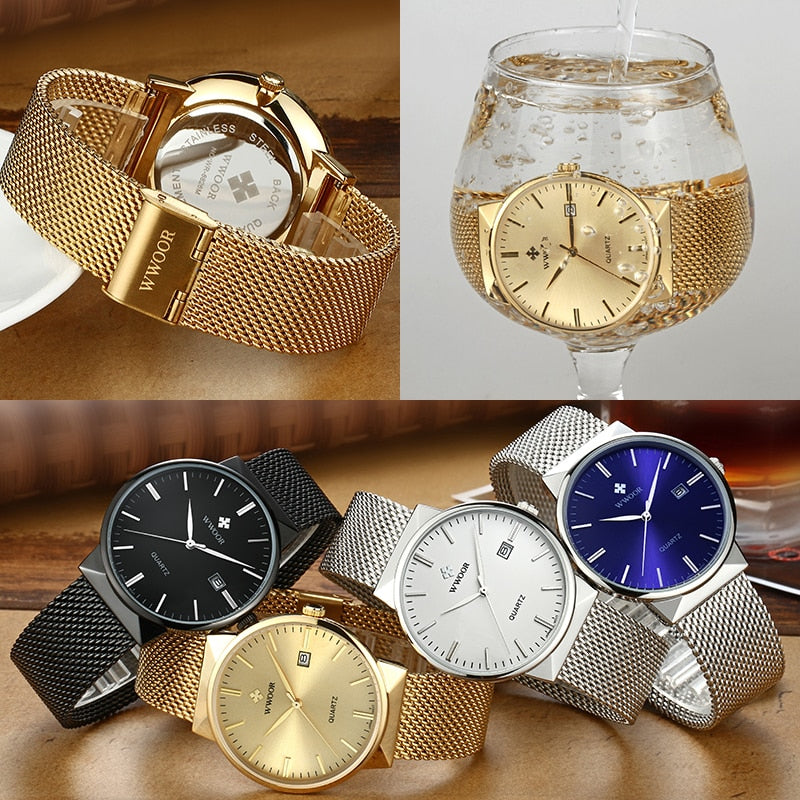 Men Simple Slim Watches Luxury Brand Gold Steel Mesh Ultra Thin Waterproof Date Wrist Watch Men Golden Clock With Box