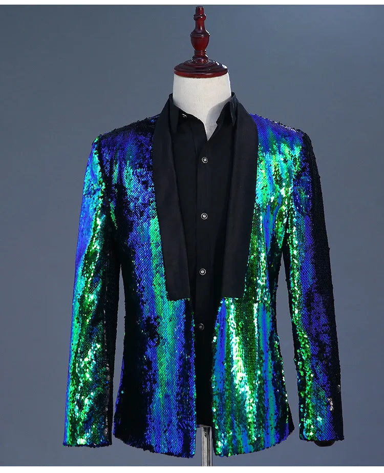 New Luxury Royal Blue Sequin Dress Blazer Men Nightclub Stage Shawl Collar Mens Suit Jacket Black Collar Green, Asian XXXL