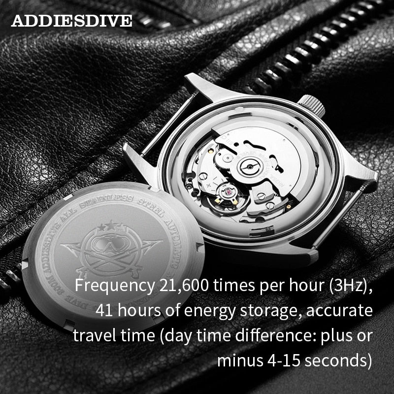 ADDIESDIVE Automatic NH35 Movement Pilot Watch C3 luminous Black Dial and 39mm Case waterproof Sapphire glass 200M Dive watches