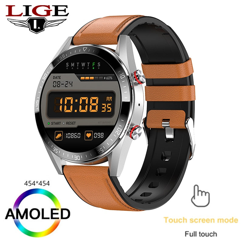 New 454*454 Screen Smart Watch Always Display The Time Bluetooth Call Local Music Smartwatch For Mens Android TWS Earphones Belt brown, China