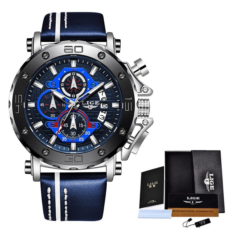 Men Watches Fashion Sport Leather Watch Mens Luxury Date Waterproof Quartz Chronograph SIlver Blue, China