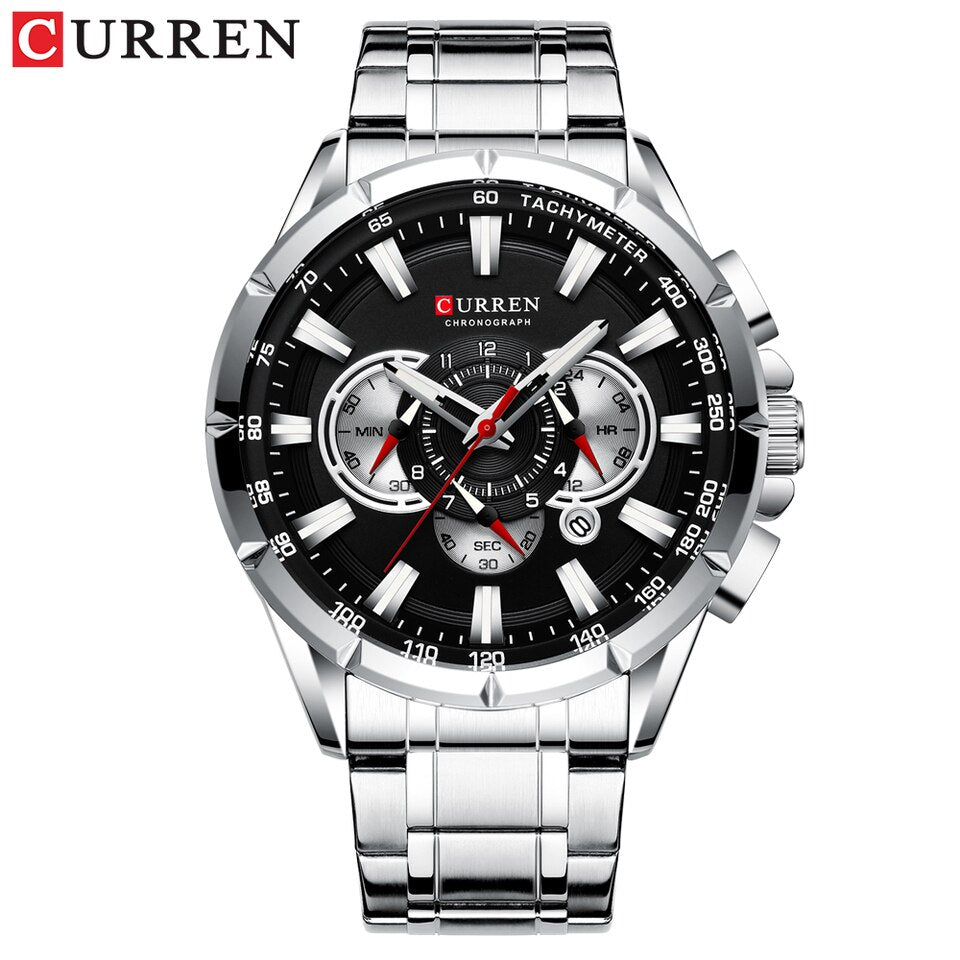 Men New CURREN Casual Sport Chronograph Men Watch Stainless Steel Band Wristwatch Big Dial Quartz Clock with Luminous Pointers silver black