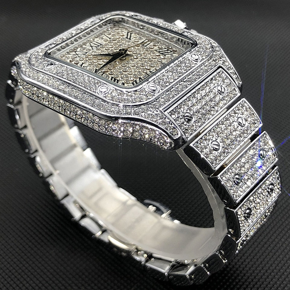 Ice Out Square Watch For Men Top Brand Luxury Full Diamond Men Watches Ultra Thin Waterproof Hip Hop Clock Dropshipping