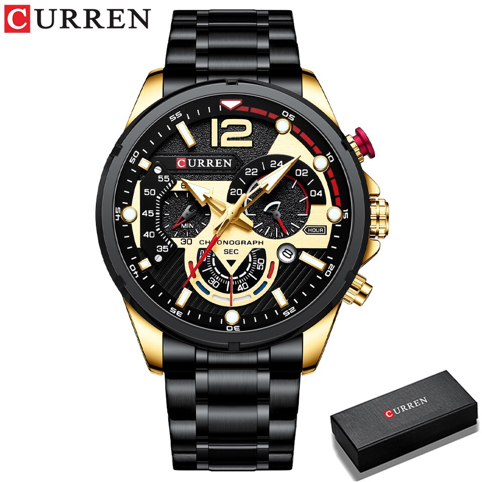 Casual Business Chronograph Waterproof Stainless Steel Watch Mens New Luxury Fashion Quartz Men wristwatch black gold box