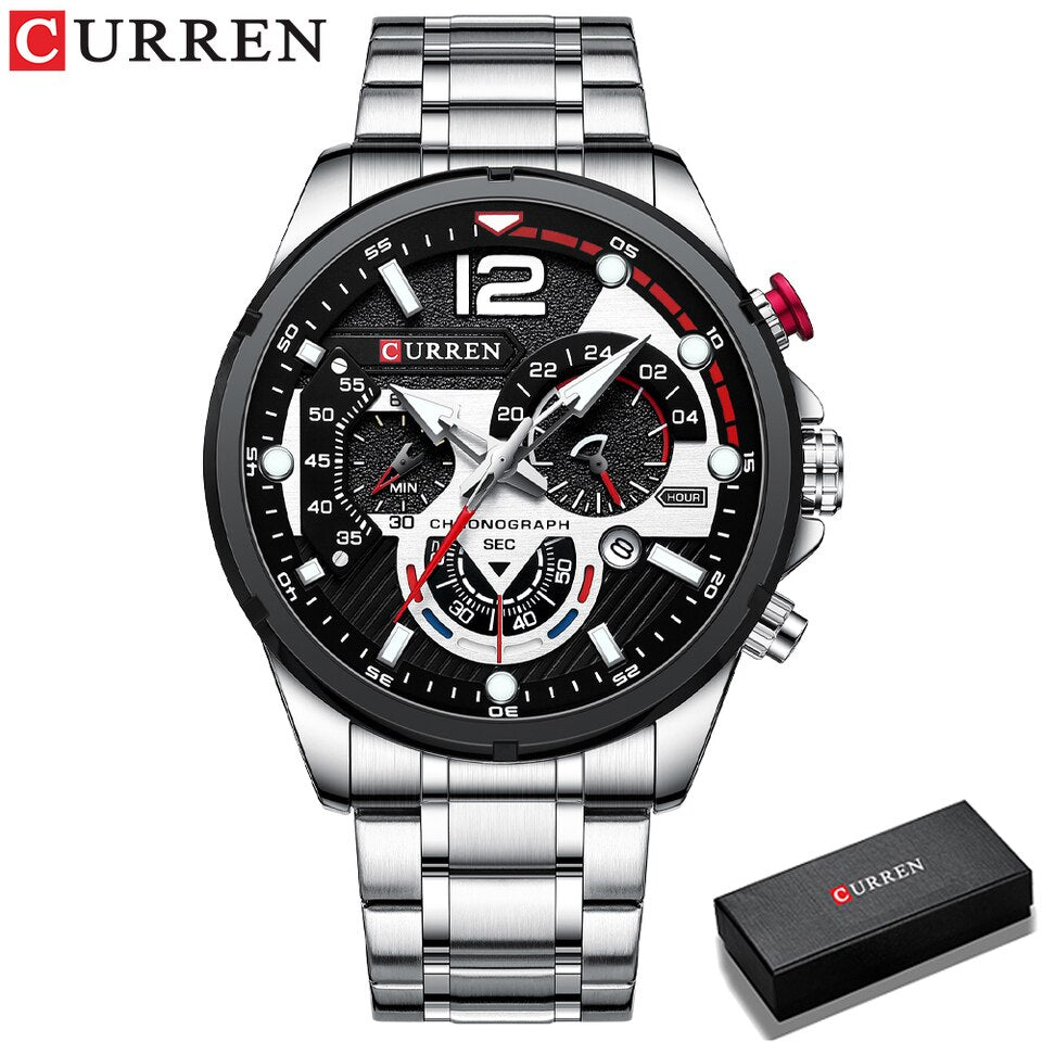 Casual Business Chronograph Waterproof Stainless Steel Watch Mens New Luxury Fashion Quartz Men wristwatch silver box