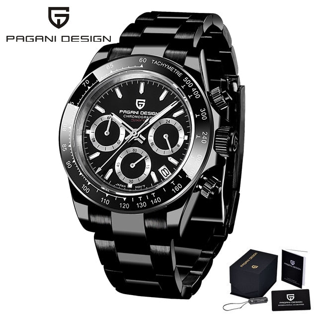 40mm New PAGANI DESIGN Men Quartz Watches Sapphire Luxury Chronograph Stainless Steel Waterproof Men Watch steel all black, China