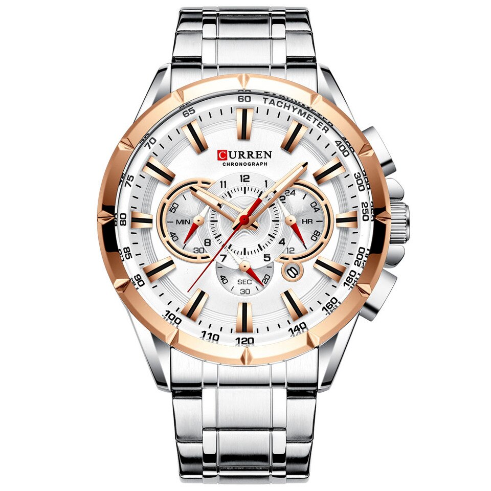 Men New CURREN Casual Sport Chronograph Men Watch Stainless Steel Band Wristwatch Big Dial Quartz Clock with Luminous Pointers