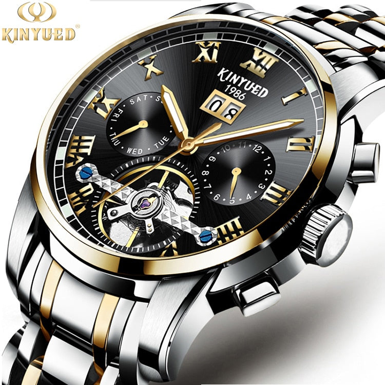 New Men Kinyued Stainless Steel Watch Band Automatic Mechanical Business Wrist Watch Luxury Brand Waterproof Watch for Men