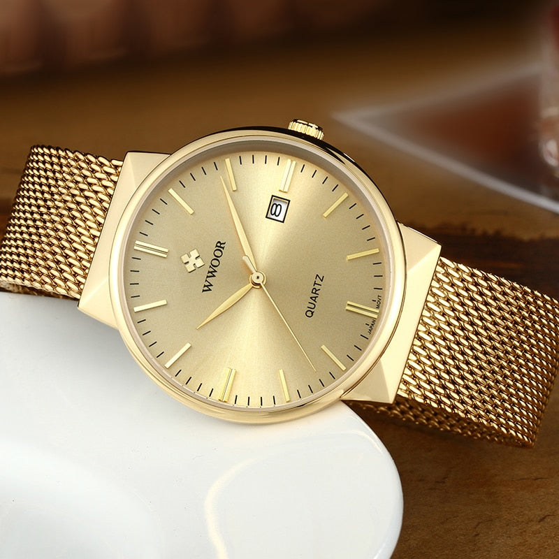 Men Simple Slim Watches Luxury Brand Gold Steel Mesh Ultra Thin Waterproof Date Wrist Watch Men Golden Clock With Box