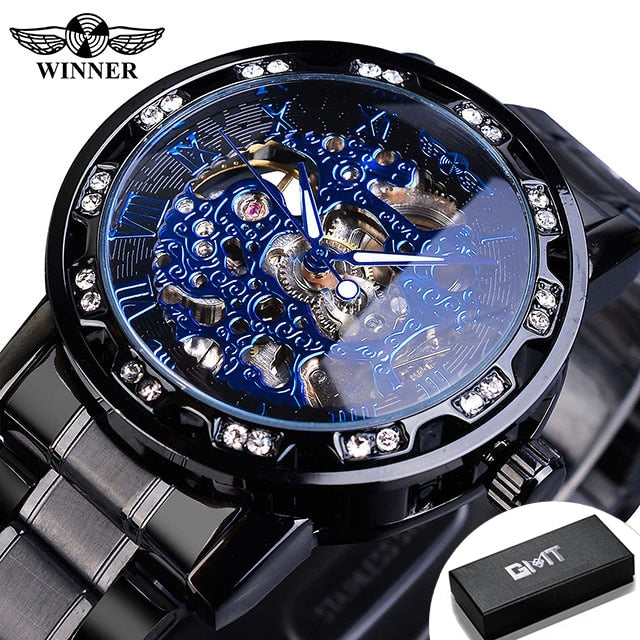 Winner Transparent Fashion Diamond Luminous Gear Movement Royal Design Men Top Brand Luxury Male Mechanical Skeleton Wrist Watch s1089-10