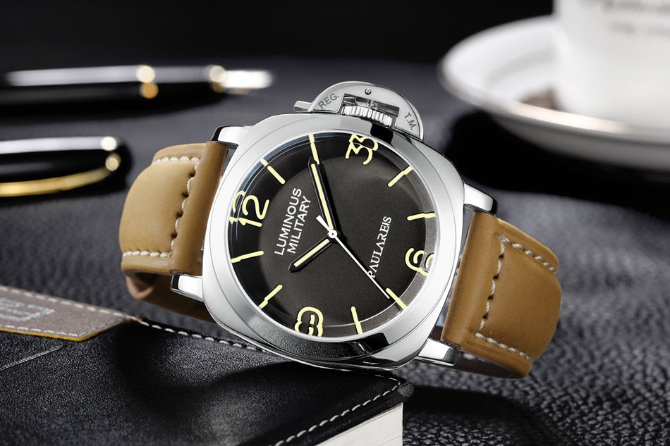 New Men Self Wind Mechanical Watch Automatic Genuine Brown Leather Strap Yellow Green Luminous 44mm Luxury Rose Gold Military Men Watch