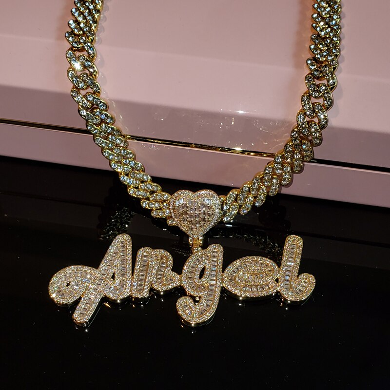 Custom Name Necklace with Heart Rhinestone Cuban Chain Word Necklace  Iced Out CZ Personalized Hiphop Jewelry