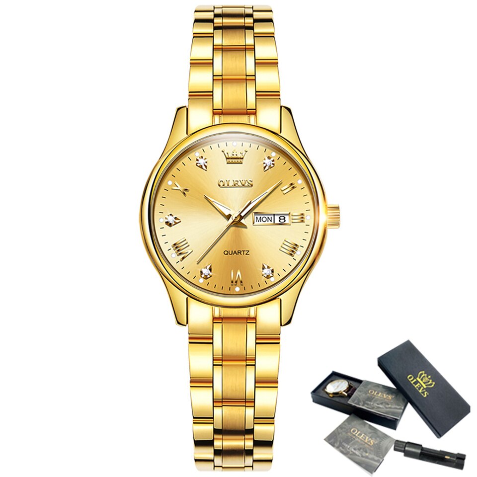 Watches Luxury Brands Fashion Rhinestone Stainless Steel Dual Calendar Quartz Ladies Wristwatches 5563 Reloj Mujer Gold, China, No