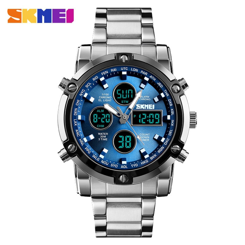 Fashion Men Wristwatch SKMEI Watch Sport Digital Bracelet 3 Time Countdown Mens Clock Stainless Steel Watches  Male Business