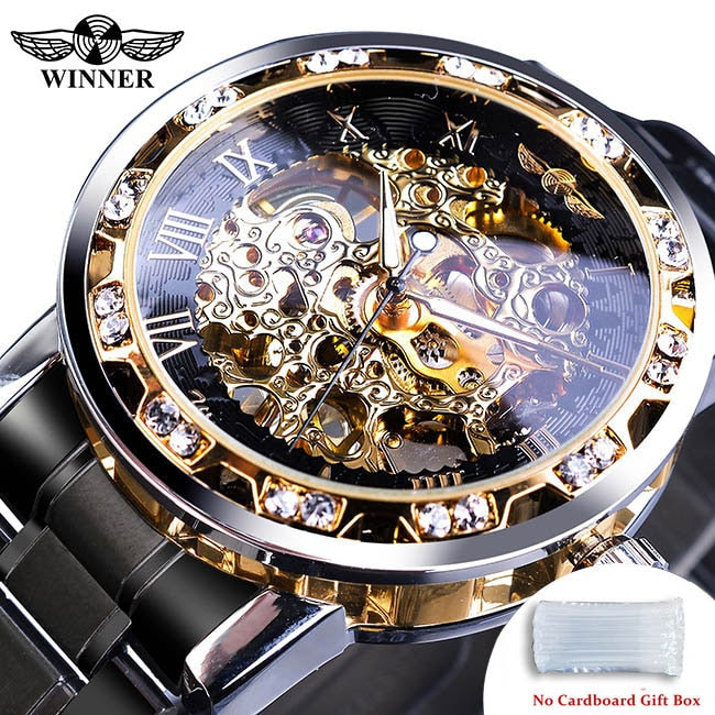 Winner Transparent Fashion Diamond Luminous Gear Movement Royal Design Men Top Brand Luxury Male Mechanical Skeleton Wrist Watch S1089-9Nobox